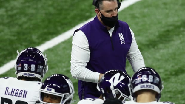 Northwestern Wildcats head coach Pat Fitzgerald looks on during the first half against the Ohio State Buckeyes at Lucas Oil Stadium. Aaron Doster-USA TODAY Sports.